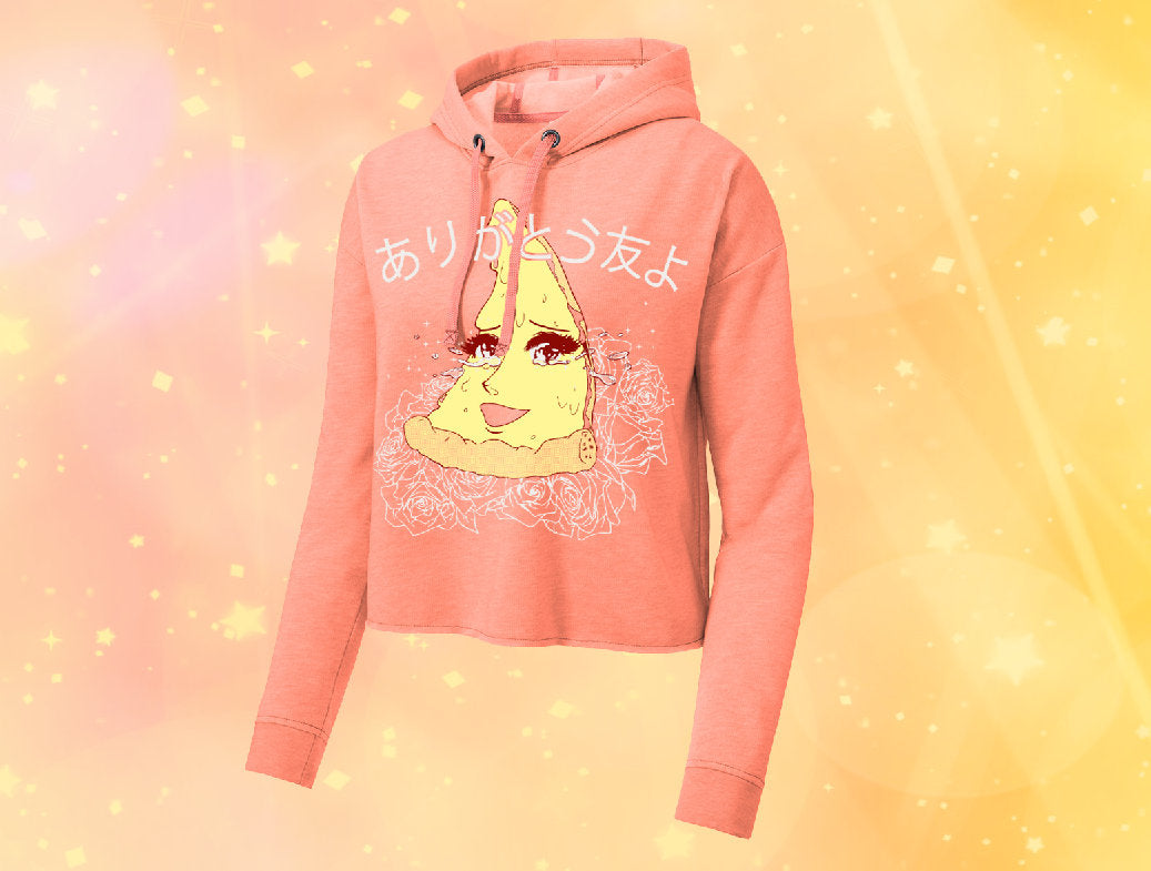 Crying Anime Pizza Ladies Cropped Hoodie ありがとう 友 よ